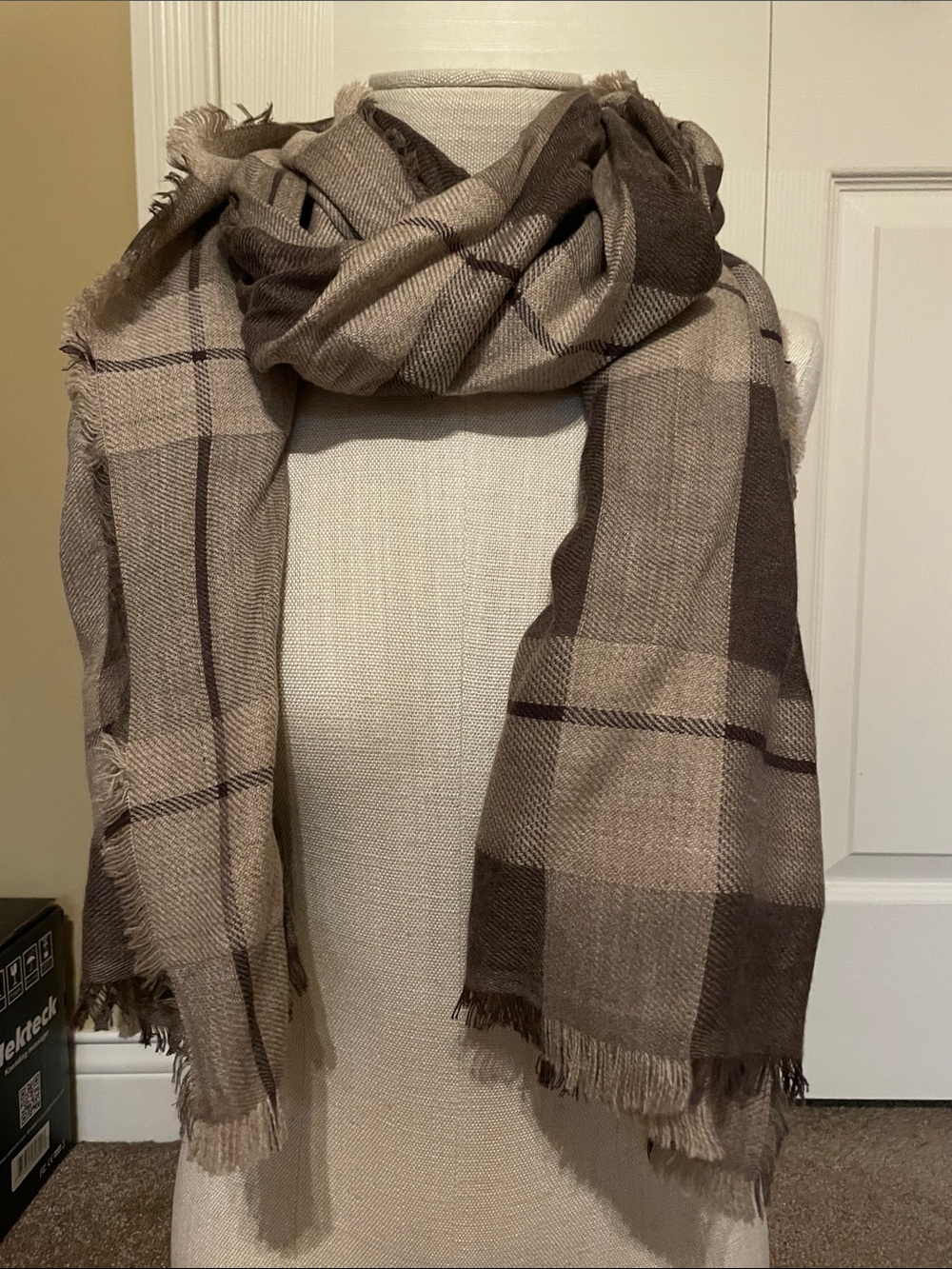 J. Jill Taupe and Brown Plaid Lightweight Scarf Wrap